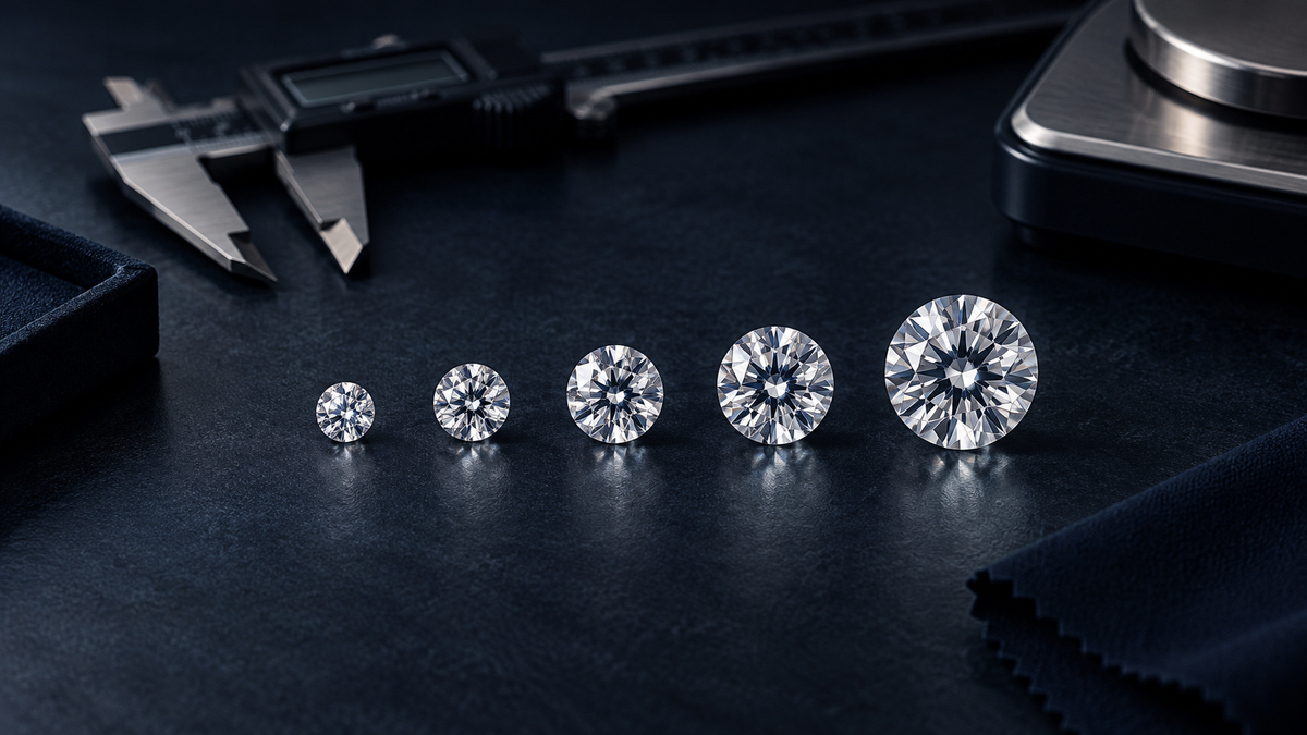 Five round brilliant diamonds increasing in size beside jeweler measuring tools