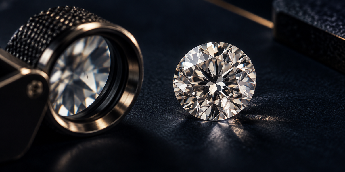 Round brilliant diamond beside a jeweler's loupe on a dark navy surface.