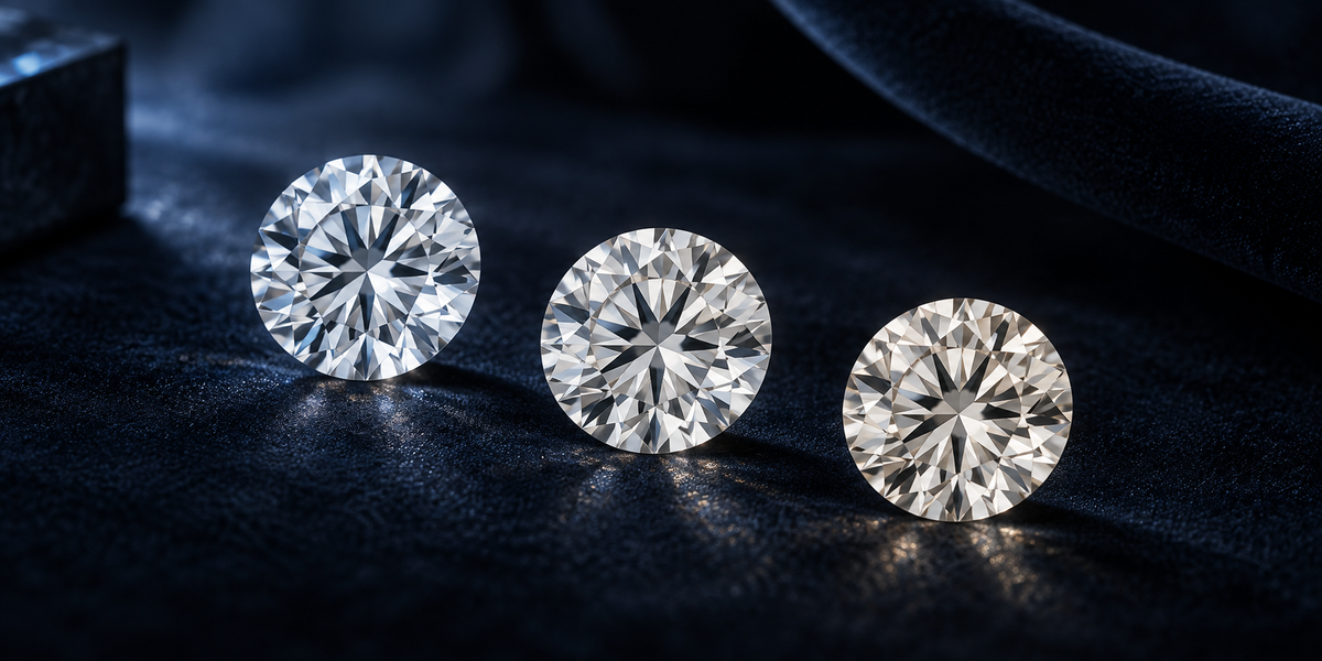 Three round brilliant diamonds showing an icy to subtly warm color progression on a dark navy background.