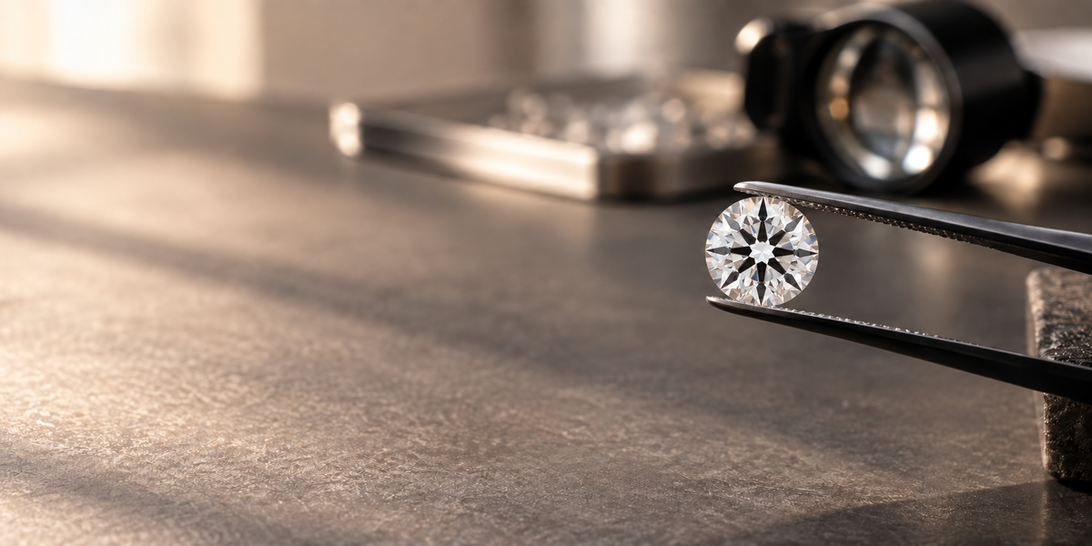 Precision-cut round brilliant diamond held in jeweler's tweezers